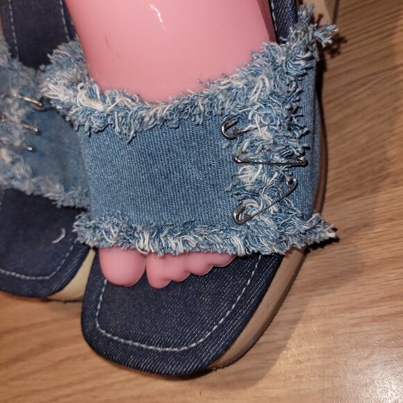 Vintage Womens 90s Y2K Denim Sandals Wood Wedge 4" Heels Size 8 Splash - Picture 2 of 10